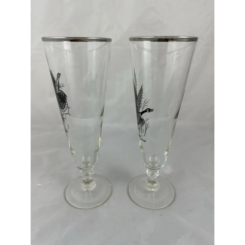 Federal Silver Rim Pilsner Glasses 12 oz Grouse Canada Goose Vtg 60s Sportsman